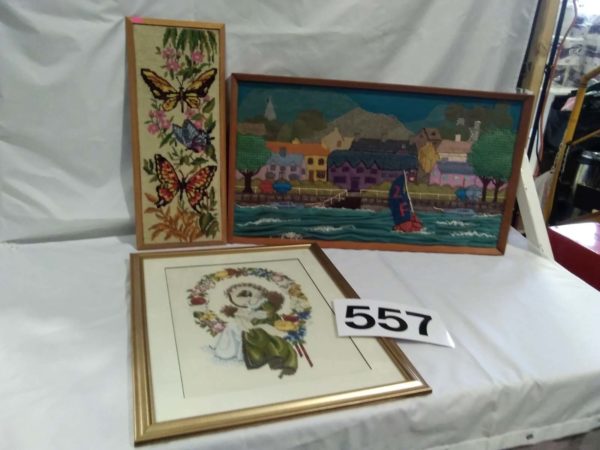 lot 557 2 framed tapestry’s & framed picture made of material