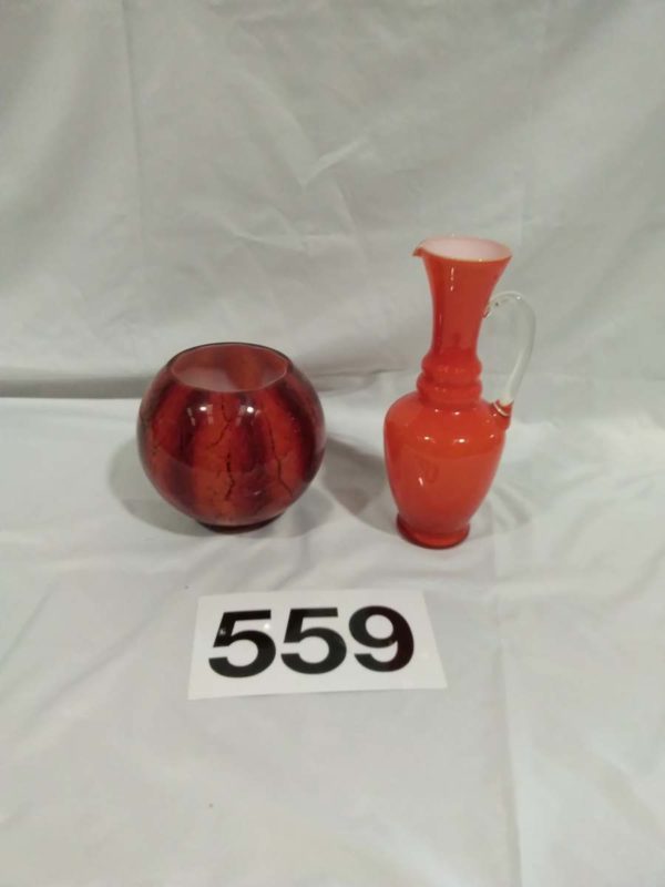 lot 559 round red glass bowl & vintage orange murano jug