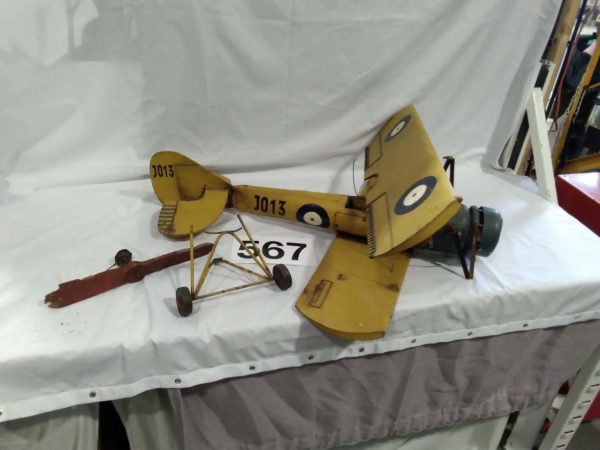 lot 567 large vintage metal plane ( handmade)  porpellor & wheels