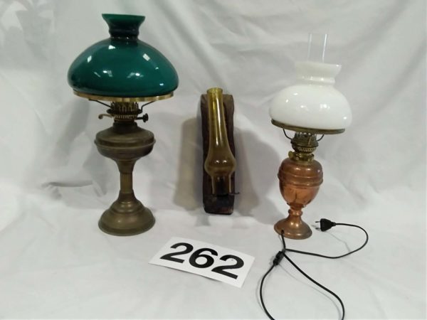 lot 262 oil lamp, wooden wall mounted candle holder & converted oil lamp