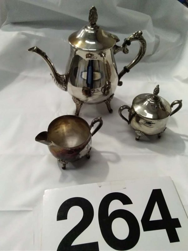 lot 264 silver plated teapot, milk & sugar