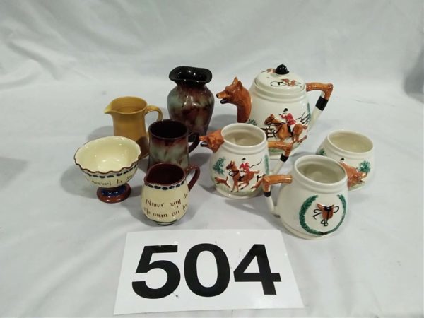 lot 504 Hunting scene tea pot milk & sugar, Ewenny pottery etc