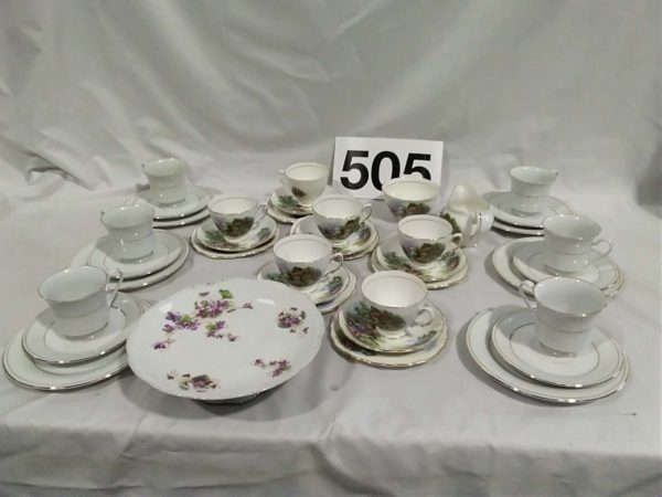 lot 505   partial tea sets, cake stand inc Royal Vale, Crown Ming