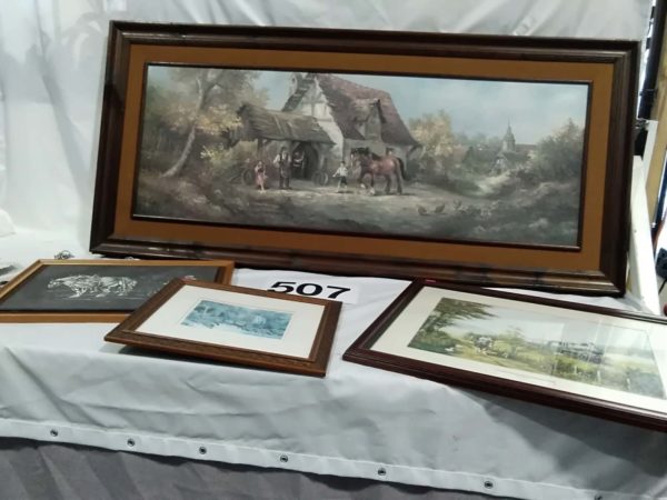 lot 507 large framed signed picture, slate picture 2 other framed pictures