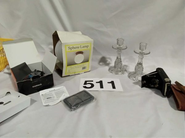 lot 511 glass candle sticks, vintage camera, satnav, lamp