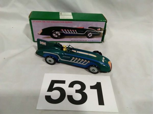 lot 531 boxed tinplate st John tin toy racing car ” british record racer