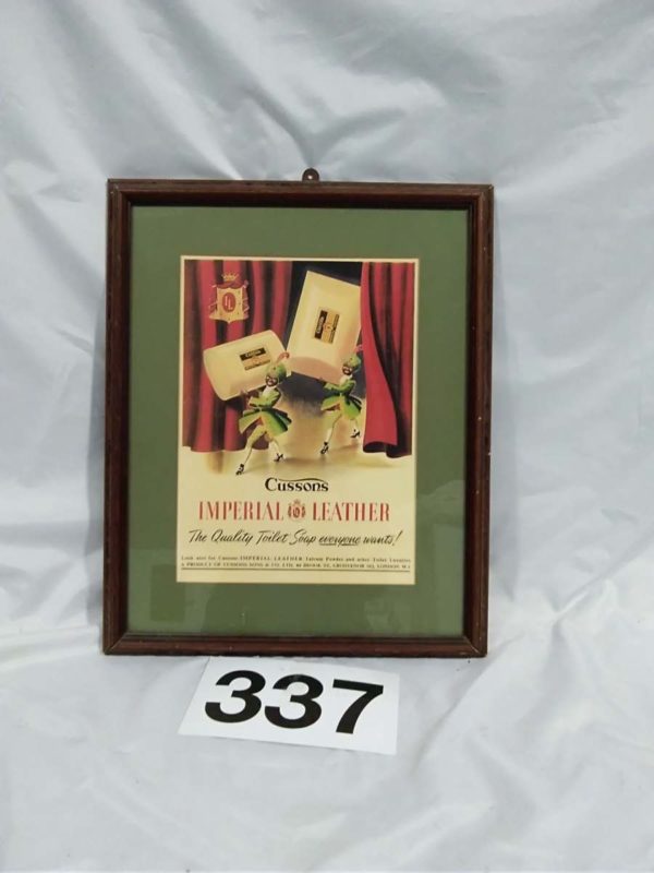 lot 337 framed Cussons Imperial Leather Soap advertising picture approx 22″ x 18″