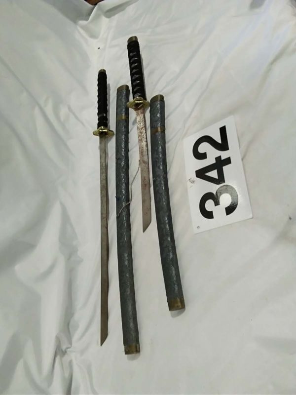 lot 342 ornamental chinese sabres / swords in gray cases with grape vine pattern ( small & large)