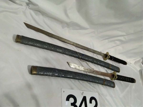 lot 342 ornamental chinese sabres / swords in gray cases with grape vine pattern ( small & large) - Image 2