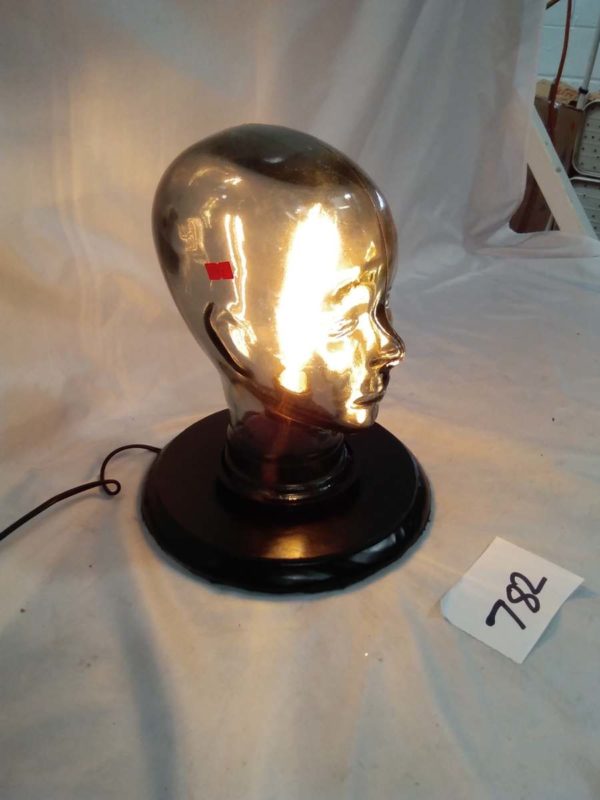 lot 782 glass head lamp , head is 11″ tall ( working)