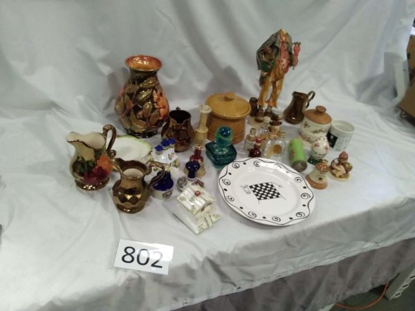 lot 802 mixed oranments, lustre jugs, m’dina glass, miniature empty bottles etc