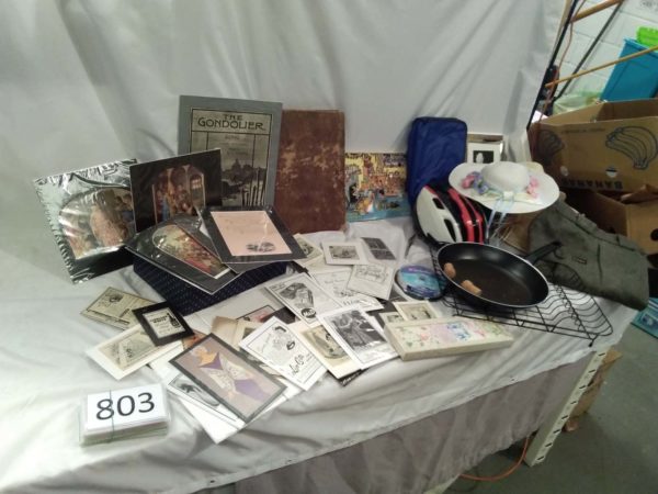 lot 803 pictures, adverts, hats, house hold items, giles book etc