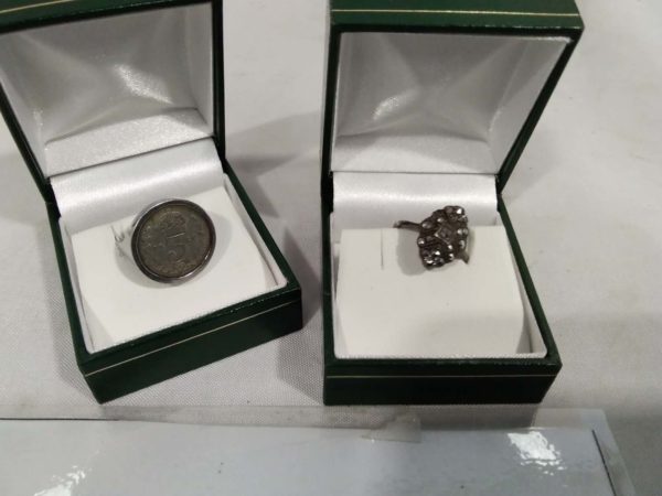 lot 860 marcasite ring marked 9ct gold & silver & ring with 3d coin in it