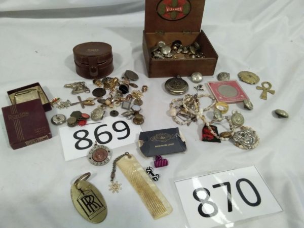 lot 869 cigar box of curios, vintage studs box, german lighter etc