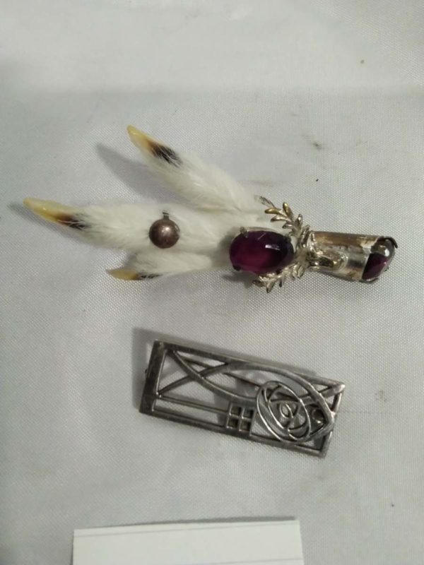 lot 014 sterling silver Mackintosh brooch & Scottish lucky grouse foot brooch