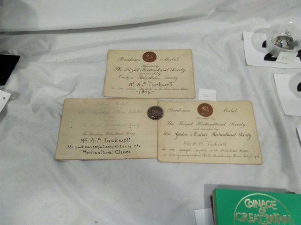 lot 026 sterling silver horticultural medal & certificates