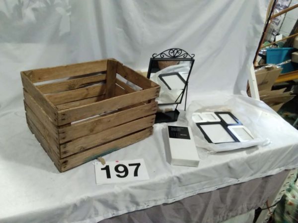 lot 197 vintage wooden crate, 2x new retro john lewis picture frames & black angle mirror