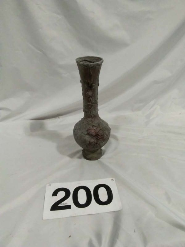 lot 200 heavy metal antique French vase signed M.Vivas ( crakced along base)