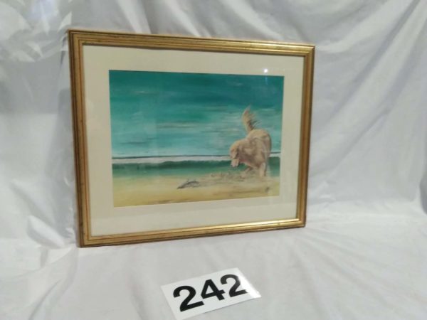 lot 242 water colour dog on beach