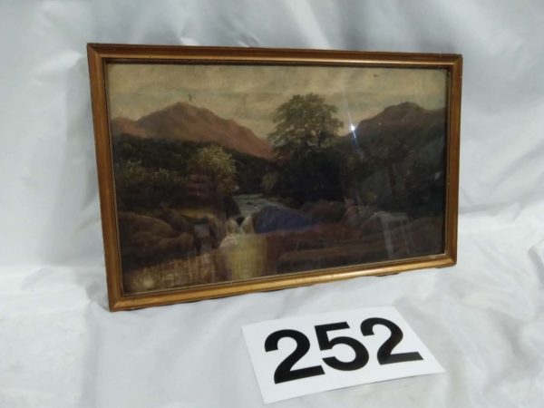 lot 252 antique oil landscape with stream 34cm x 54cm