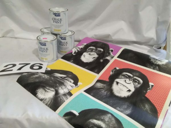 lot 276 4 x tins of clotted cream chalk paint (unopened) & an opened roll of pop art wallpaper