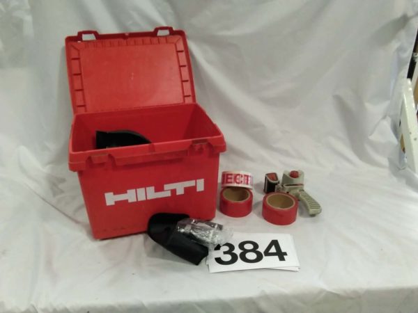 lot 384 Hilti tool box , tools, binoculars, tape dispenser & tape