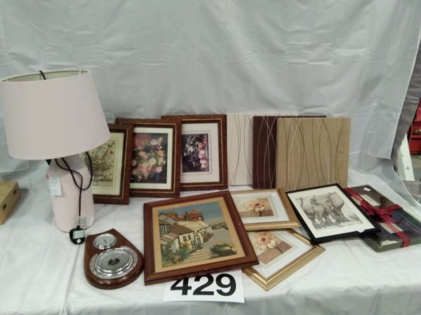 lot 429 canvas & framed pictures, vintage barometer & pink table lamp with shade