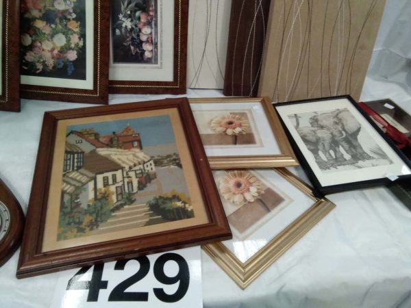 lot 429 canvas & framed pictures, vintage barometer & pink table lamp with shade - Image 3