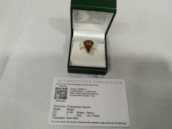 lot 479 4.1ct gilt sterling silver champagne quartz midas ring & COA