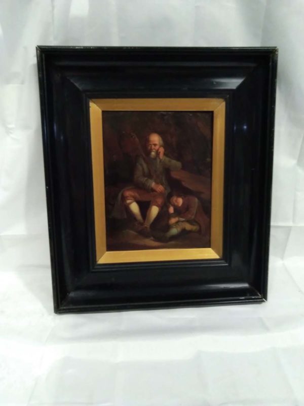 lot 593 antique painting on metal in dark frame - Image 2