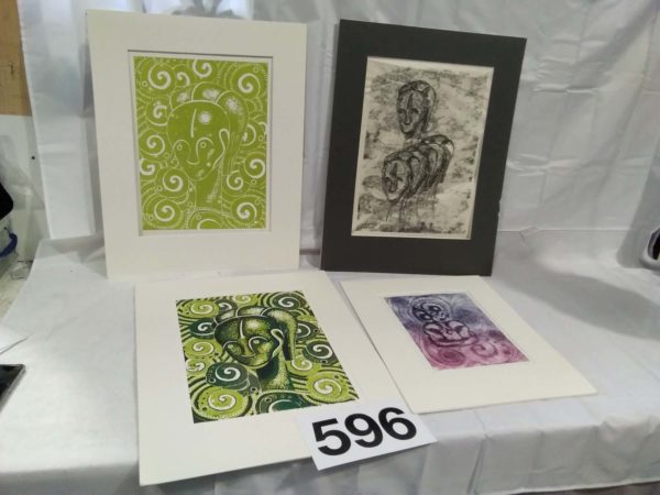 lot 596 4 vintage linocuts with mounts signed on back by Claire Carter