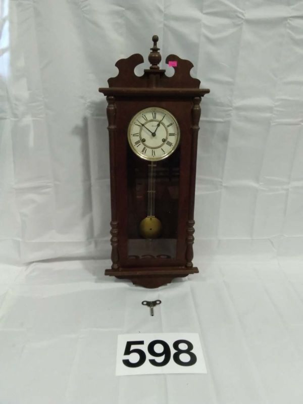 lot 598 wall clock with key & pendulum ( working)