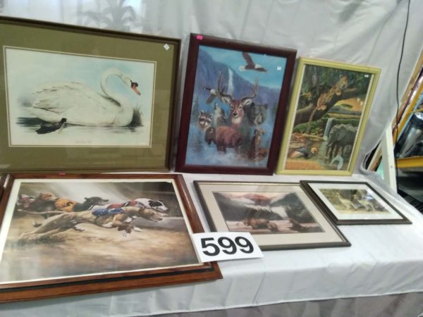 lot 599 5 framed prints & 1 jigsaw animal related