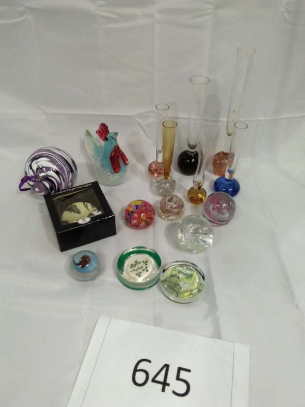 lot 645 glassware items including paperweights, bubble vases, etc.