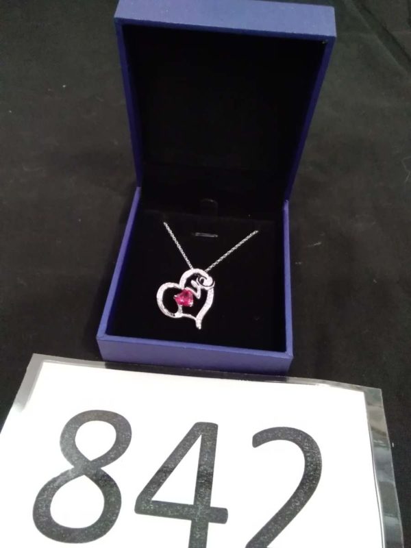 lot 842 sterling silver heart pendant with red stone & chain