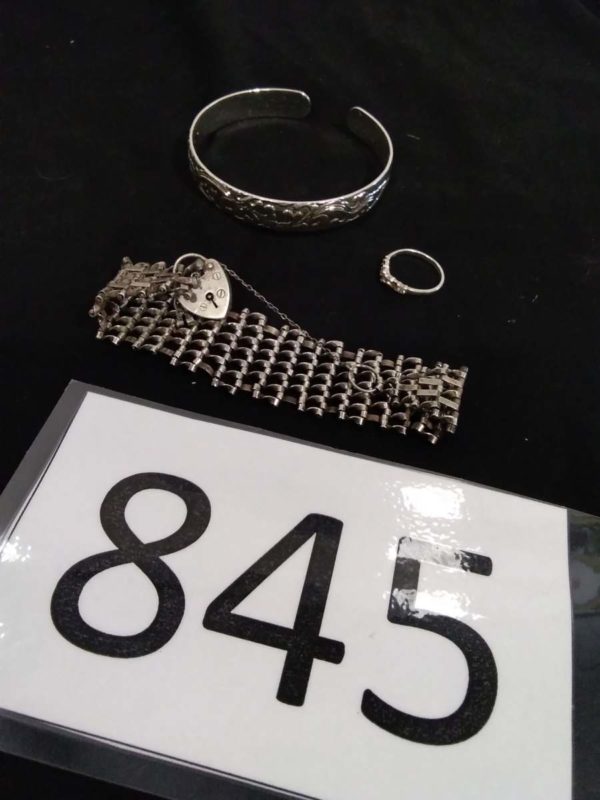 lot 845 decorative bangle, silver gate bracelet (damnage to clasp) & ring (stones missing)