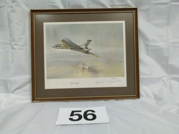 lot 056 Eric Day print signed by crerd of Vulcan Bomber re-fuelling jet (damage to frame)