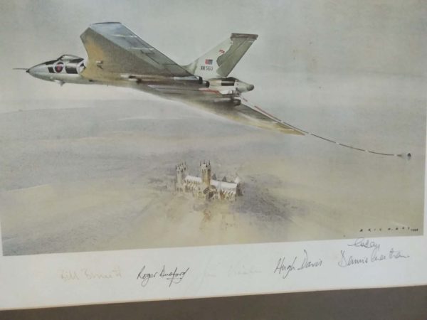 lot 056 Eric Day print signed by crerd of Vulcan Bomber re-fuelling jet (damage to frame) - Image 2