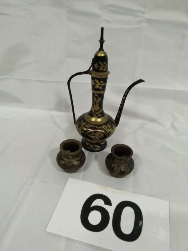 lot 060 decorative Arabian style coffee pot & 2 vases