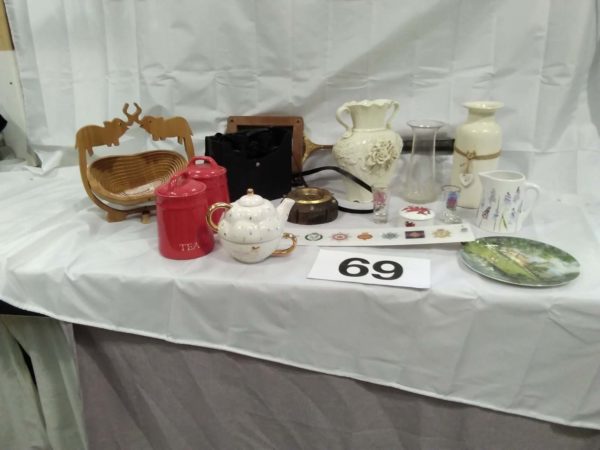 lot 069 household items including vases, jugs, etc. & a binoculars, etc.