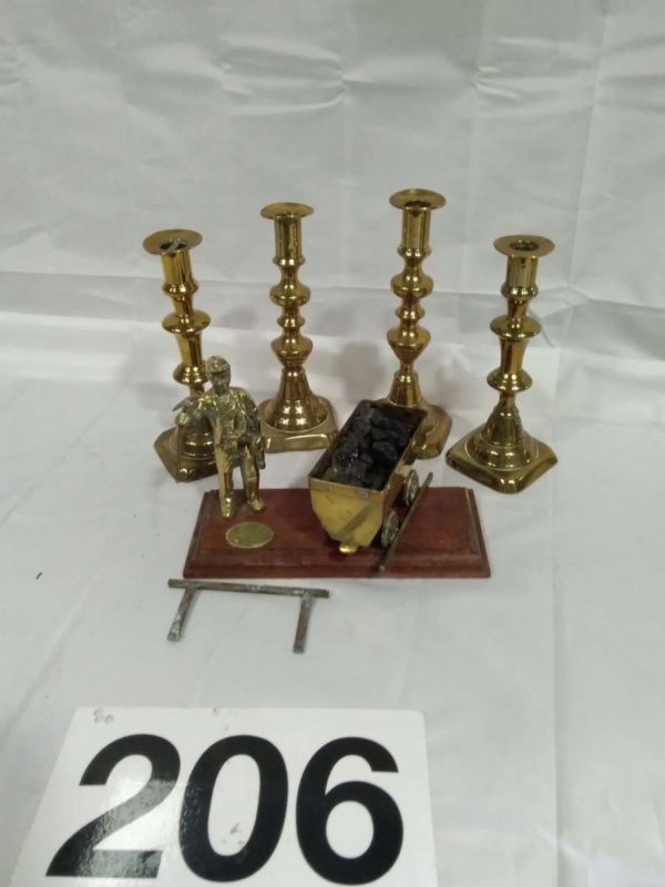 lot 206 brass candle sticks & miner