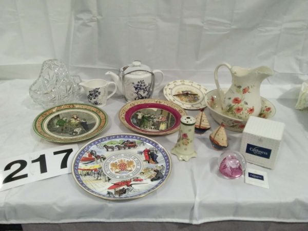 lot 217  collectors plates inlcuding Coalport & bunnykins, crystal basket, jug & bowl,salt & peper pots, Caithness paperweight, etc.