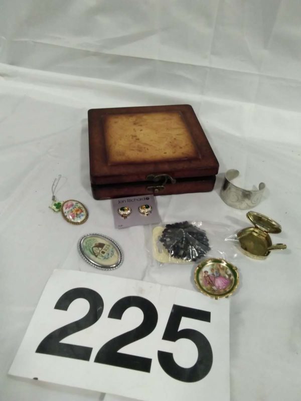 lot 225 jewellery box, brooches , ashtray, bangle etc