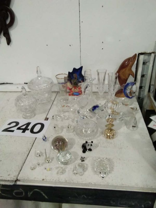 lot 240 cut glass & crystal items, wooden dolphin