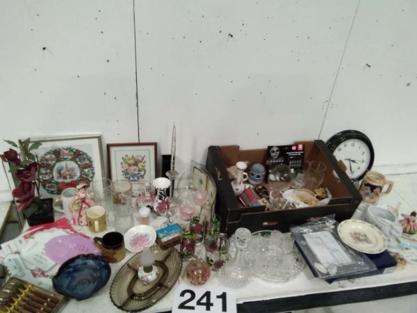 lot 241 assorted ornaments, glass ware, clock, Bunnykins plate etc