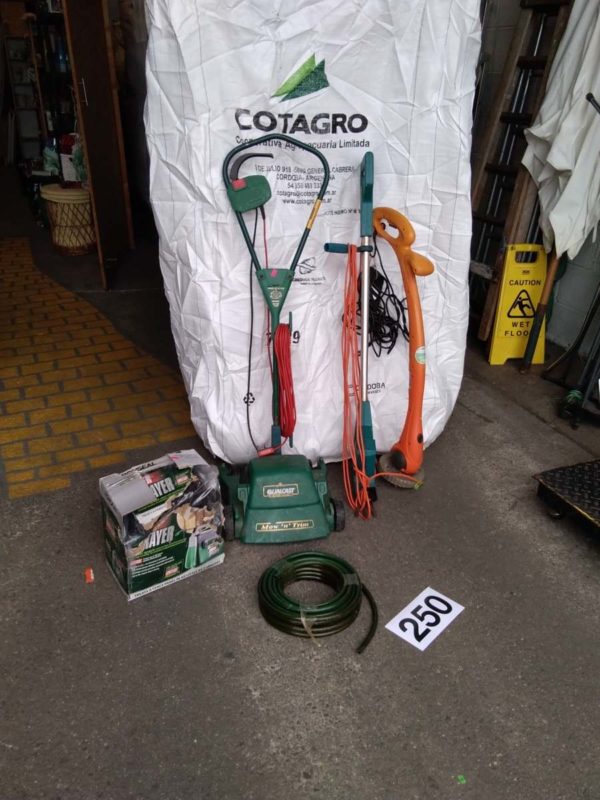 lot 250 garden items: Lawn mower, strimmer, hose pipe, power sprayer