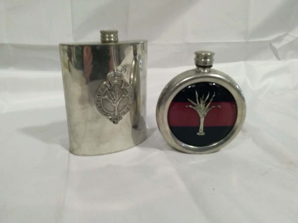 lot 259 2x Welsh gurads hipi flasks  ( one is engraved on the back)