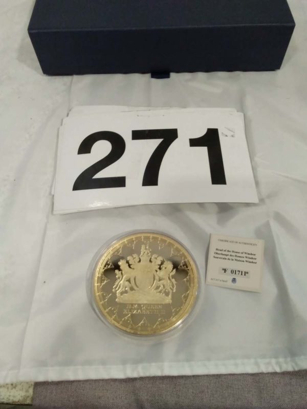 lot 271 head of the house of Windsor large gold plated coin