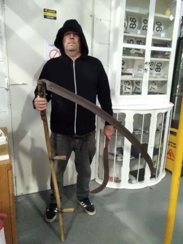 lot 315 Bil Hook ( no long handle) & a large antique Scythe ( john not included sorry)