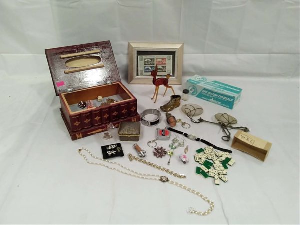 lot 238 cocktail watch, jewellery, watch crystals, framed stamps etc